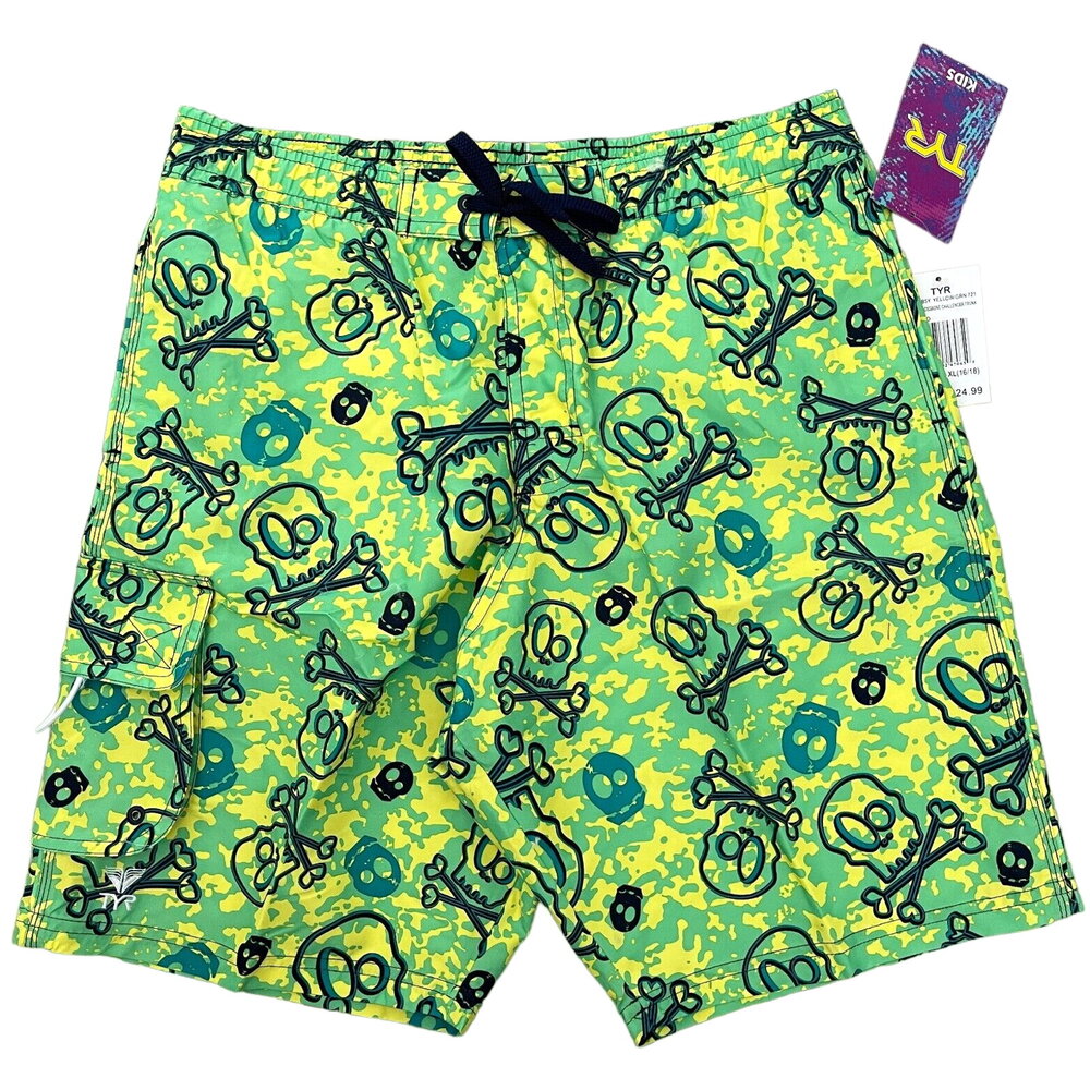 TYR Boys Skull Crossbone Challenger Swim Trunks - Yellow Green - Size XL 16-18